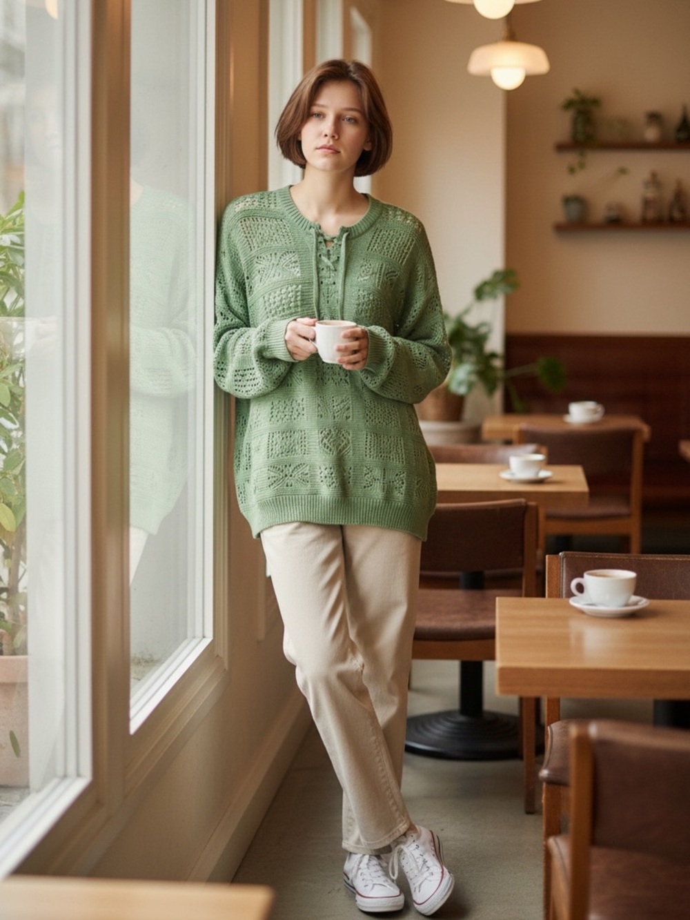 Zara Green Knit Lace-Pattern Sweater (Z)